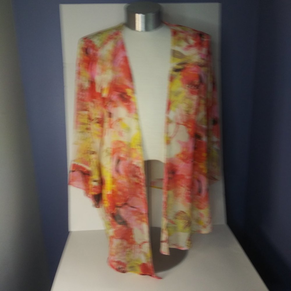 One World Sheer Floral Kimono Flowy Flutter Sleeve Romantic Bohemian Large EUC